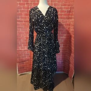 Veronica M Black and White Long Sleeve, Wrap around Dress